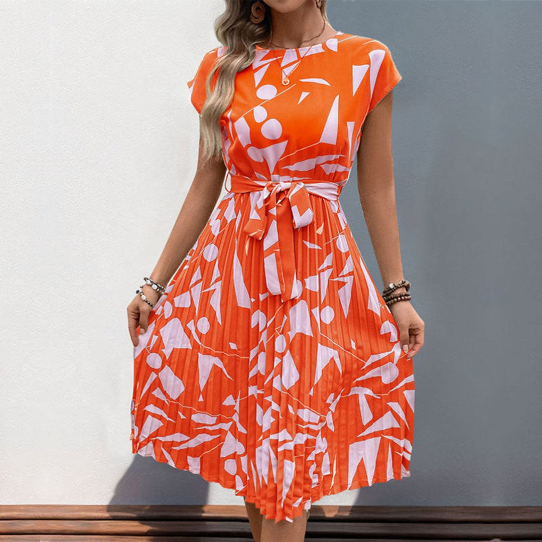 Women's Abstract Print Pleated Fall Midi Dress Belted Cap Sleeve