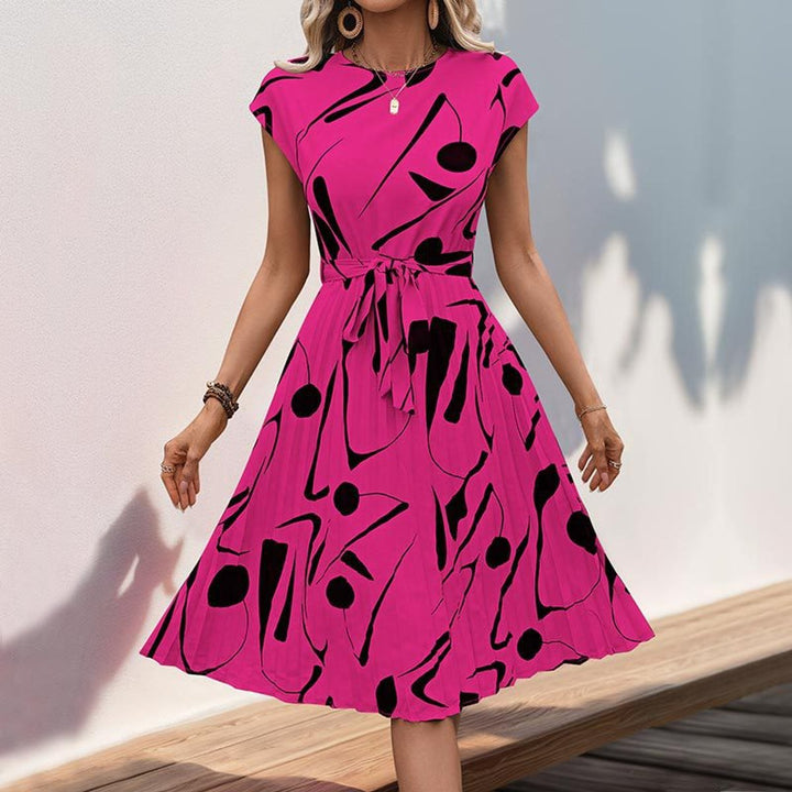 Women's Abstract Print Pleated Fall Midi Dress Belted Cap Sleeve