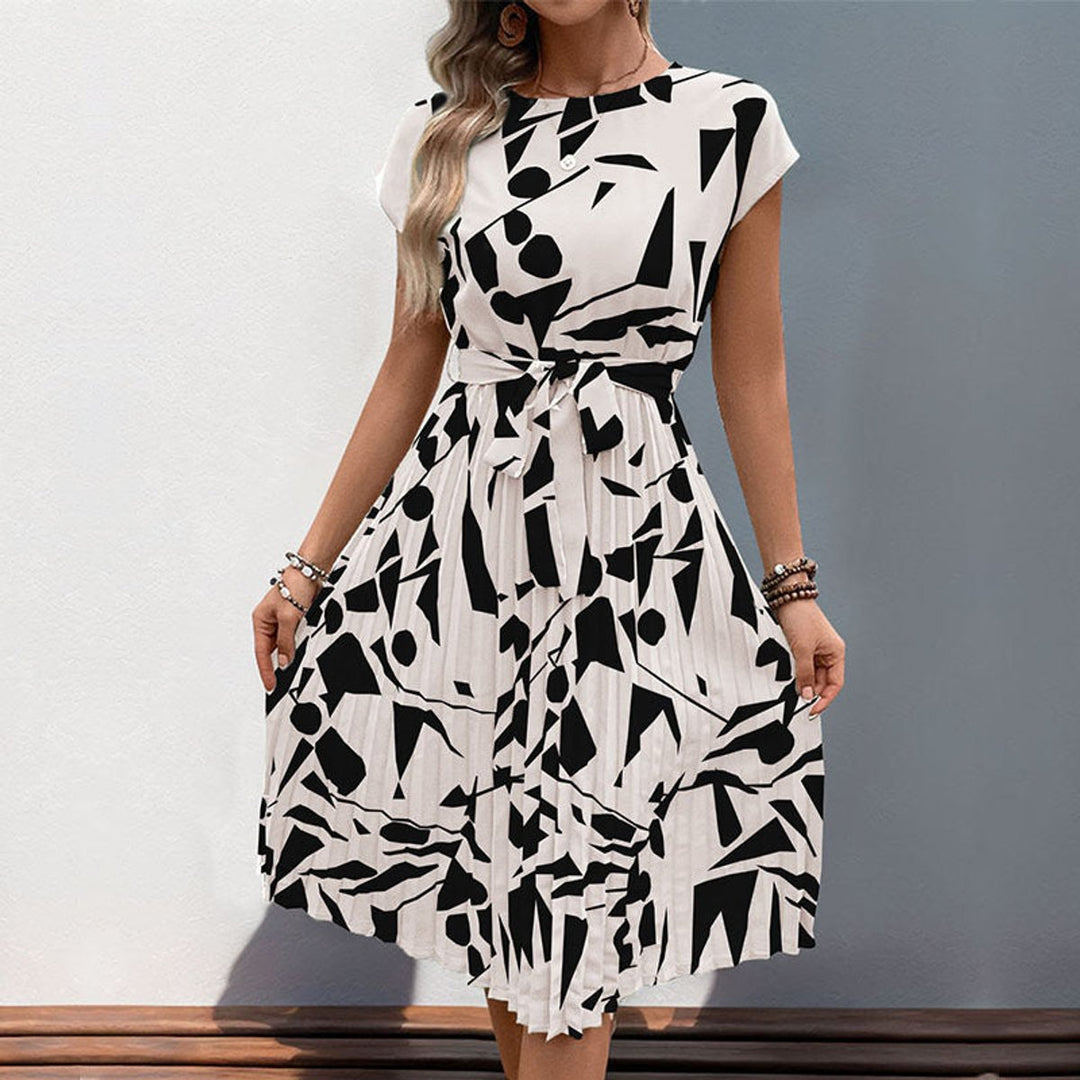Women's Abstract Print Pleated Fall Midi Dress Belted Cap Sleeve