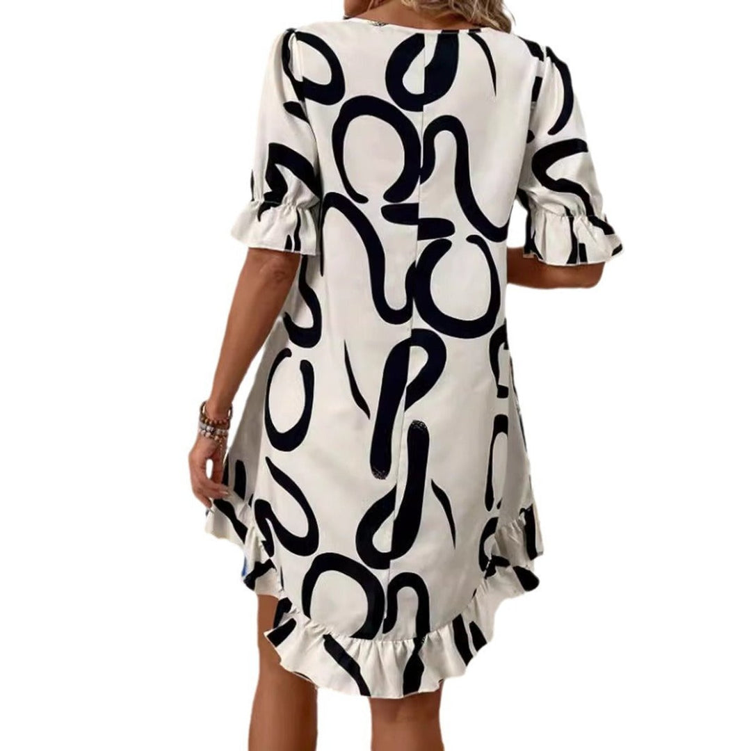 Women's Abstract Print Ruffle Hem Fall Midi Dress Pullover