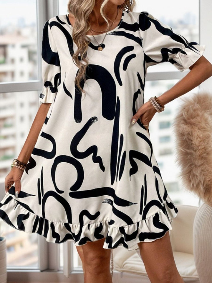 Women's Abstract Print Ruffle Hem Fall Midi Dress Pullover