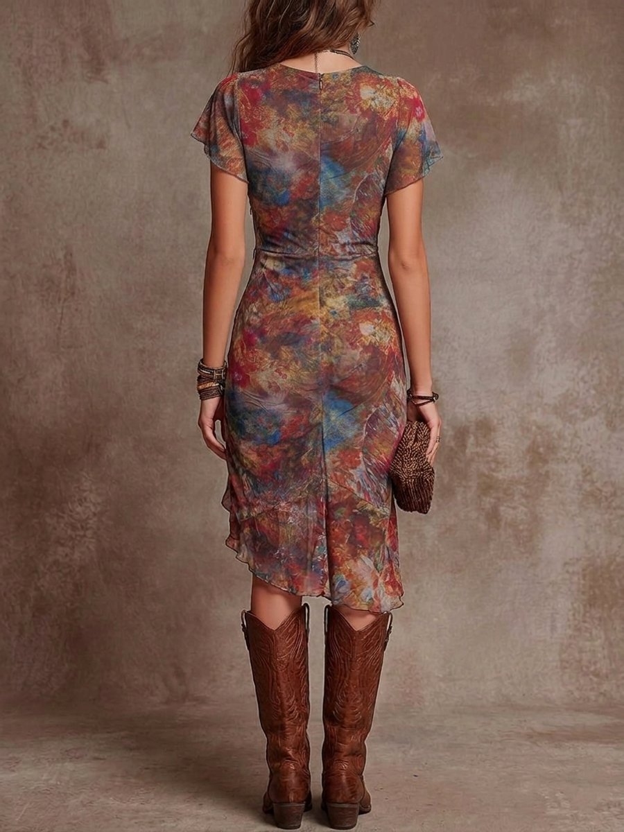 Women's Abstract Print V-Neck Pleated Midi Formal Dress