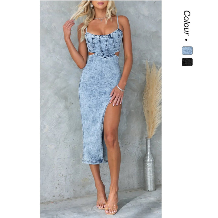 Women's Acid Wash Denim Cut-Out Slit Fall Midi Dress