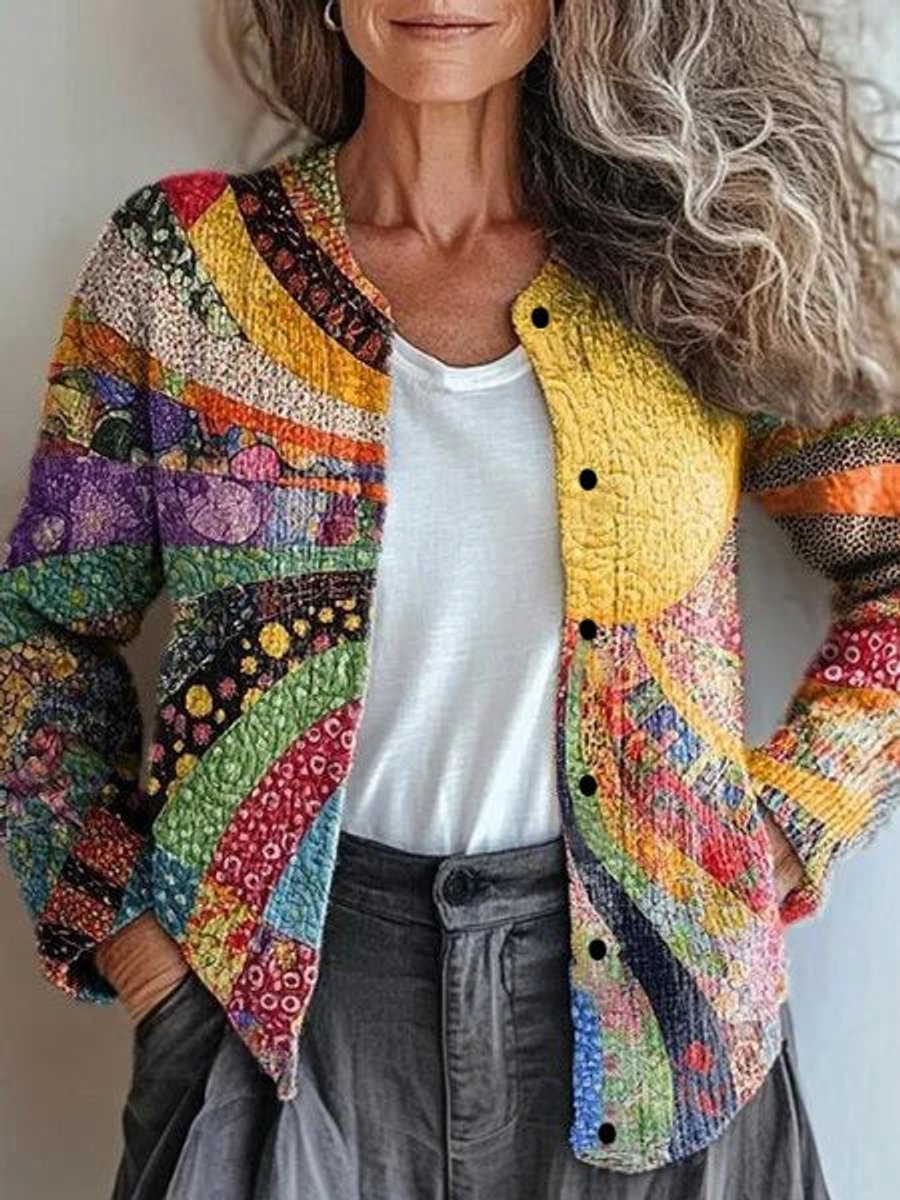 Women's Artistic Patchwork-Print Long-Sleeve Button-Front Cardigan