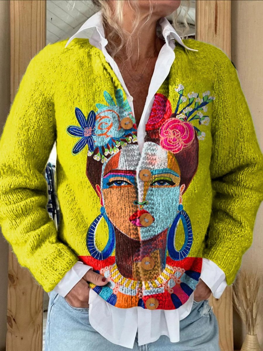 Women's Artistic Portrait Print Open-Front Knit Cardigan