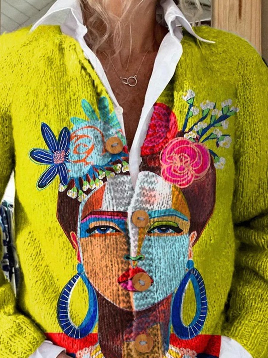 Women's Artistic Portrait Print Open-Front Knit Cardigan