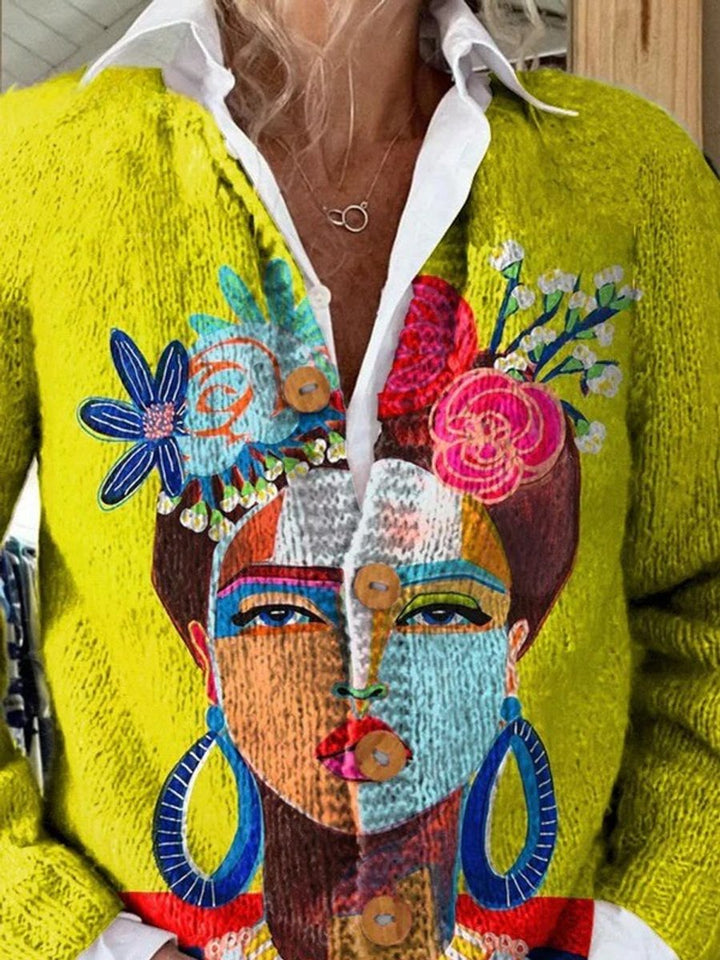 Women's Artistic Portrait Print Open-Front Knit Cardigan