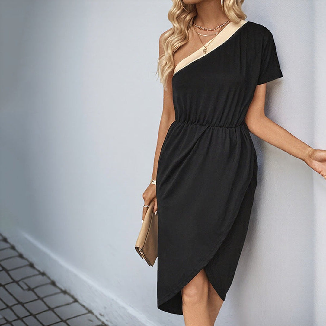Women's Asymmetric One-Shoulder Elastic-Waist Fall Midi Dress