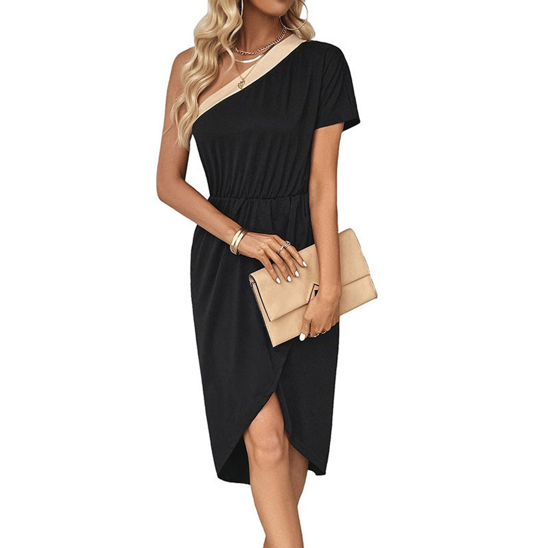Women's Asymmetric One-Shoulder Elastic-Waist Fall Midi Dress