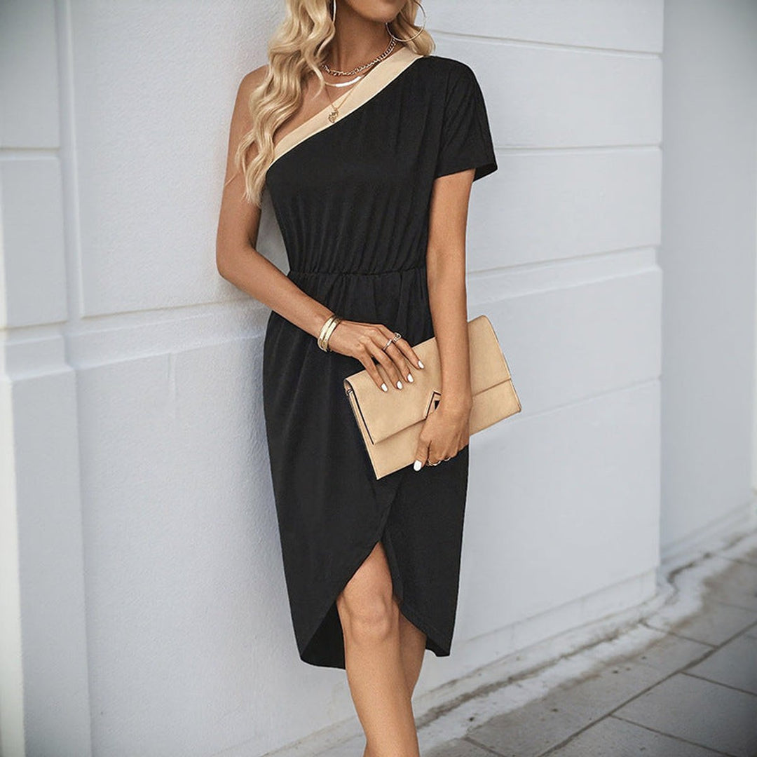 Women's Asymmetric One-Shoulder Elastic-Waist Fall Midi Dress