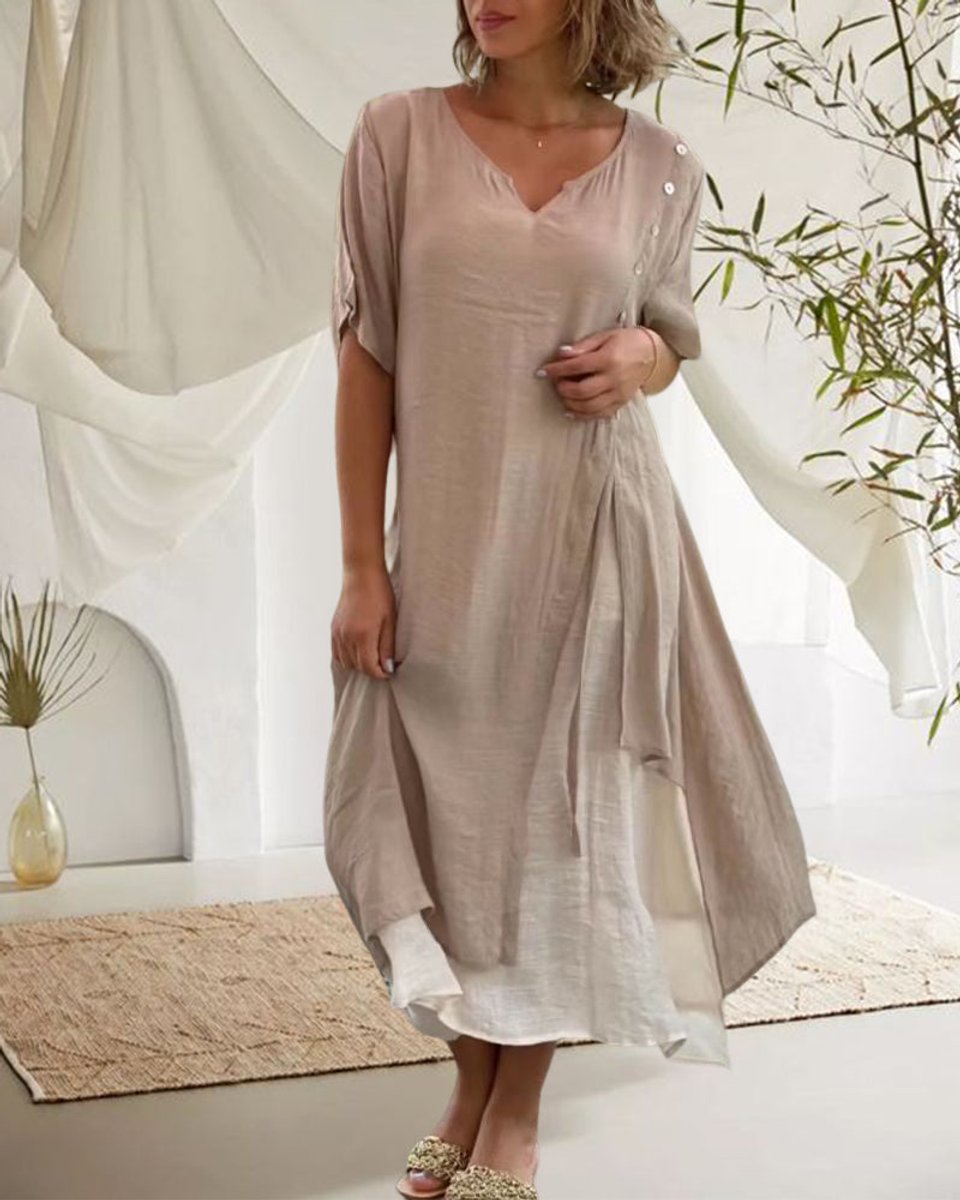 Women's Asymmetric V-Neck Layered Cotton Blend Fall Midi Dress