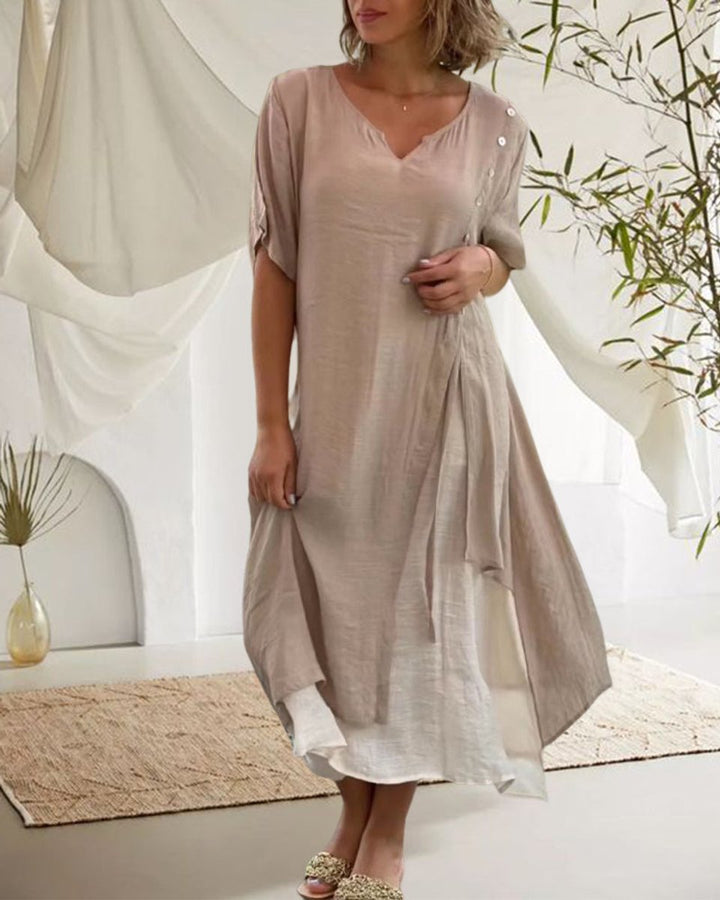Women's Asymmetric V-Neck Layered Cotton Blend Fall Midi Dress
