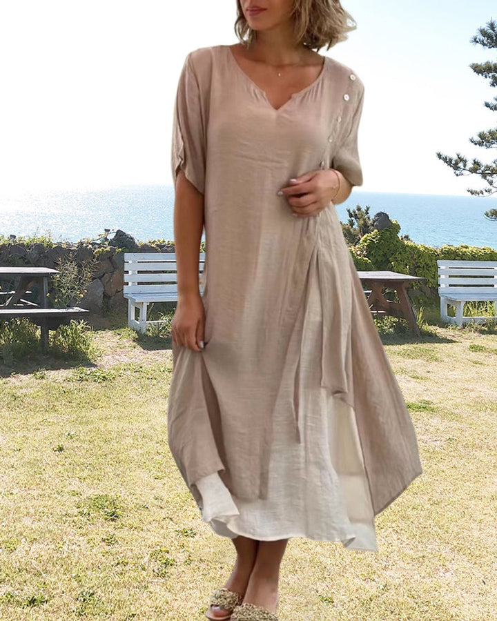 Women's Asymmetric V-Neck Layered Cotton Blend Fall Midi Dress