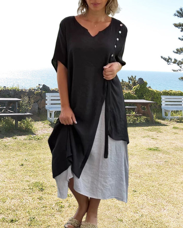 Women's Asymmetric V-Neck Layered Cotton Blend Fall Midi Dress