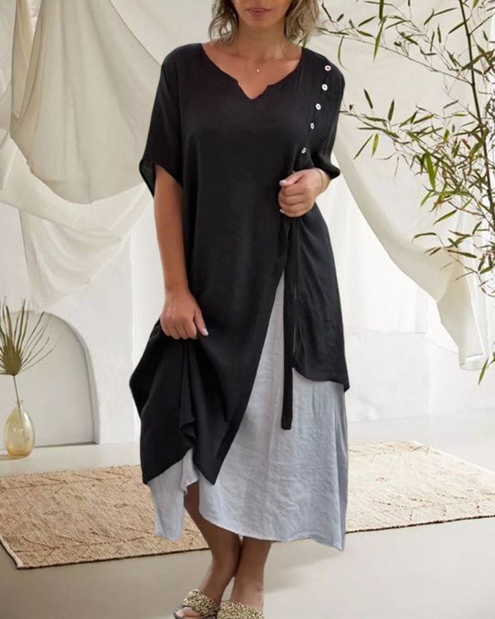 Women's Asymmetric V-Neck Layered Cotton Blend Fall Midi Dress
