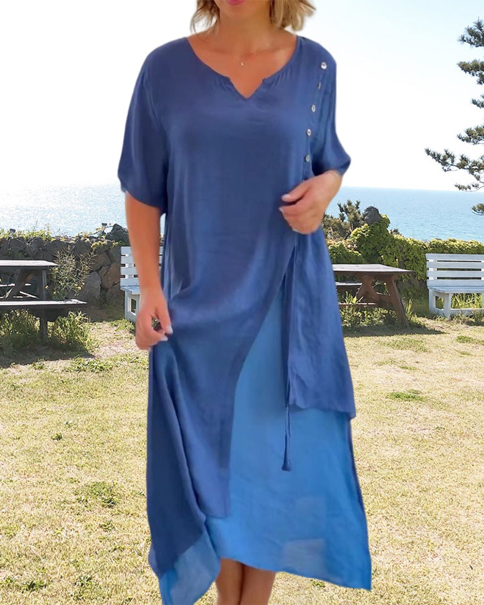 Women's Asymmetric V-Neck Layered Cotton Blend Fall Midi Dress