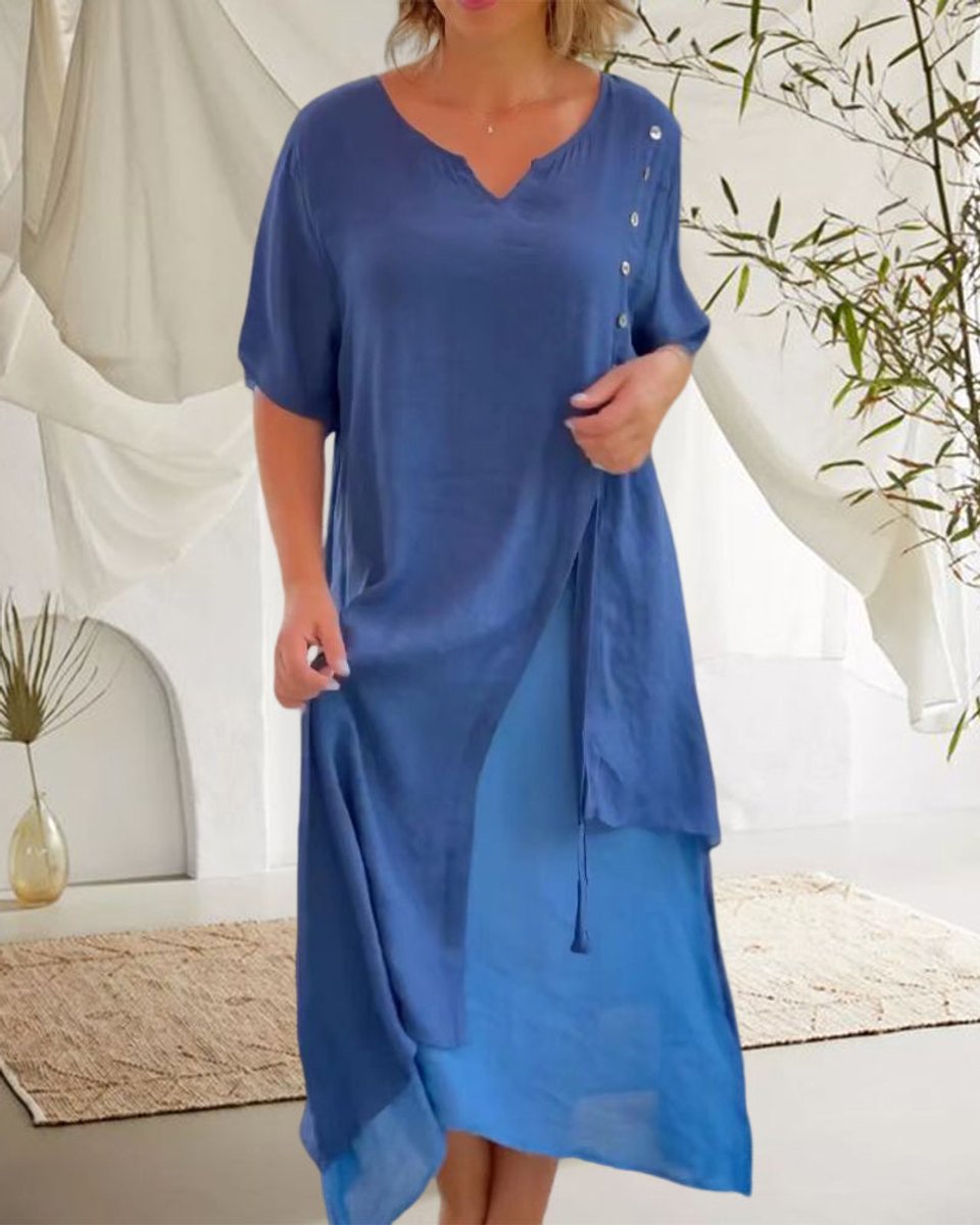 Women's Asymmetric V-Neck Layered Cotton Blend Fall Midi Dress