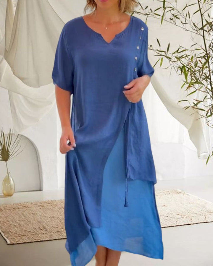 Women's Asymmetric V-Neck Layered Cotton Blend Fall Midi Dress