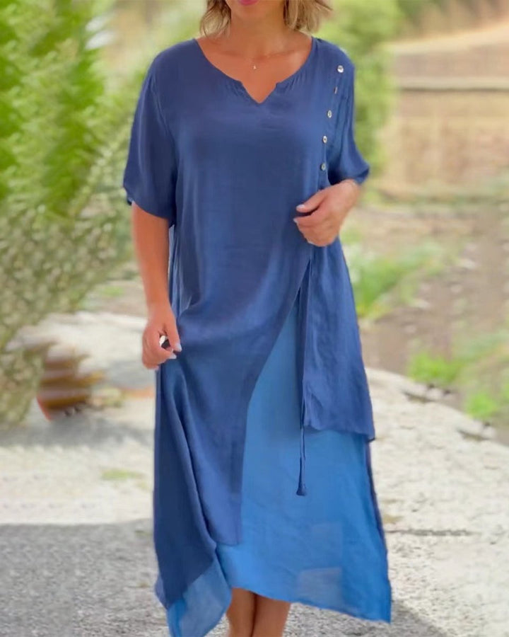 Women's Asymmetric V-Neck Layered Cotton Blend Fall Midi Dress