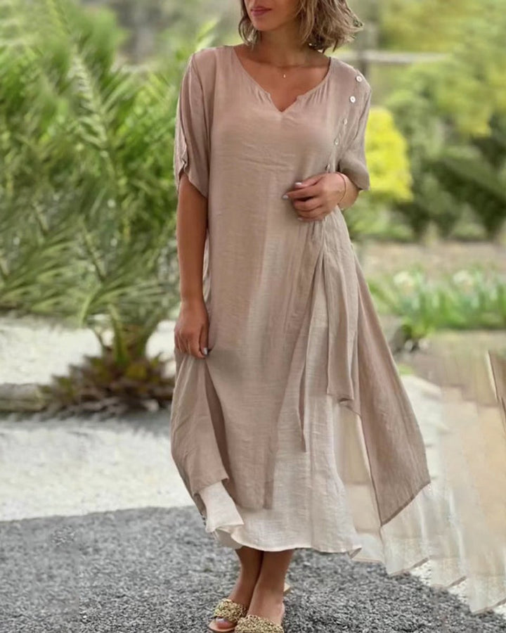 Women's Asymmetric V-Neck Layered Cotton Blend Fall Midi Dress