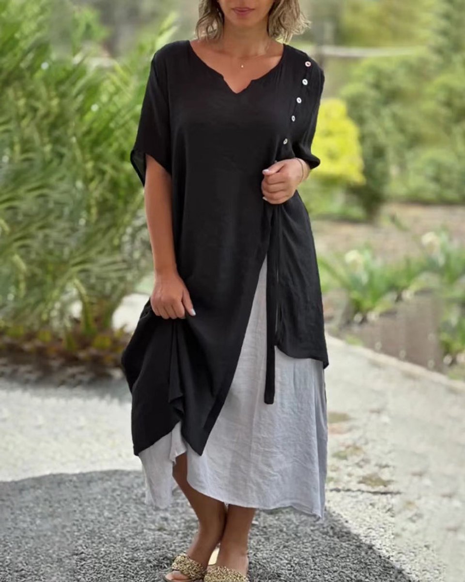 Women's Asymmetric V-Neck Layered Cotton Blend Fall Midi Dress