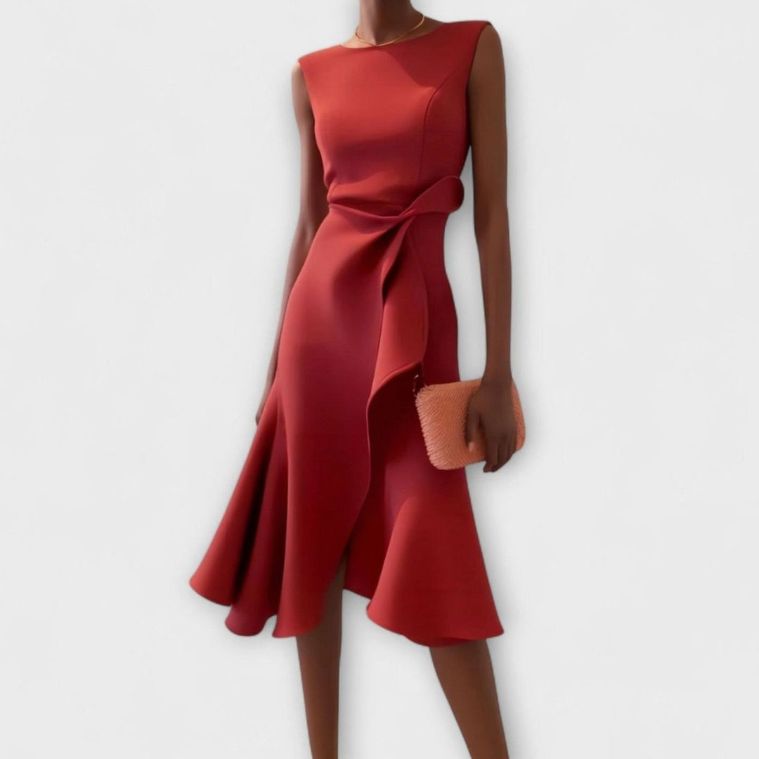 Women's Asymmetrical Sleeveless Flared Midi Dress - Red