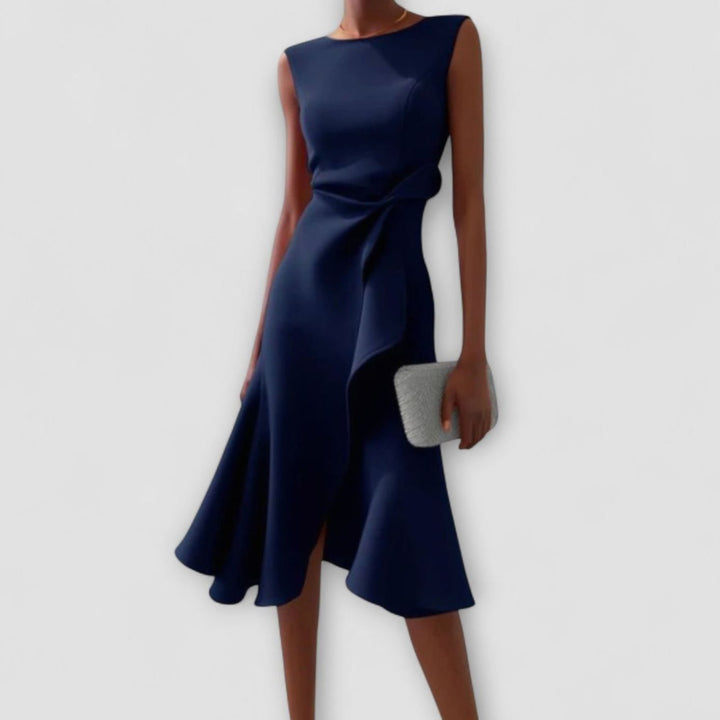 Women's Asymmetrical Sleeveless Flared Midi Dress - Navy Blue