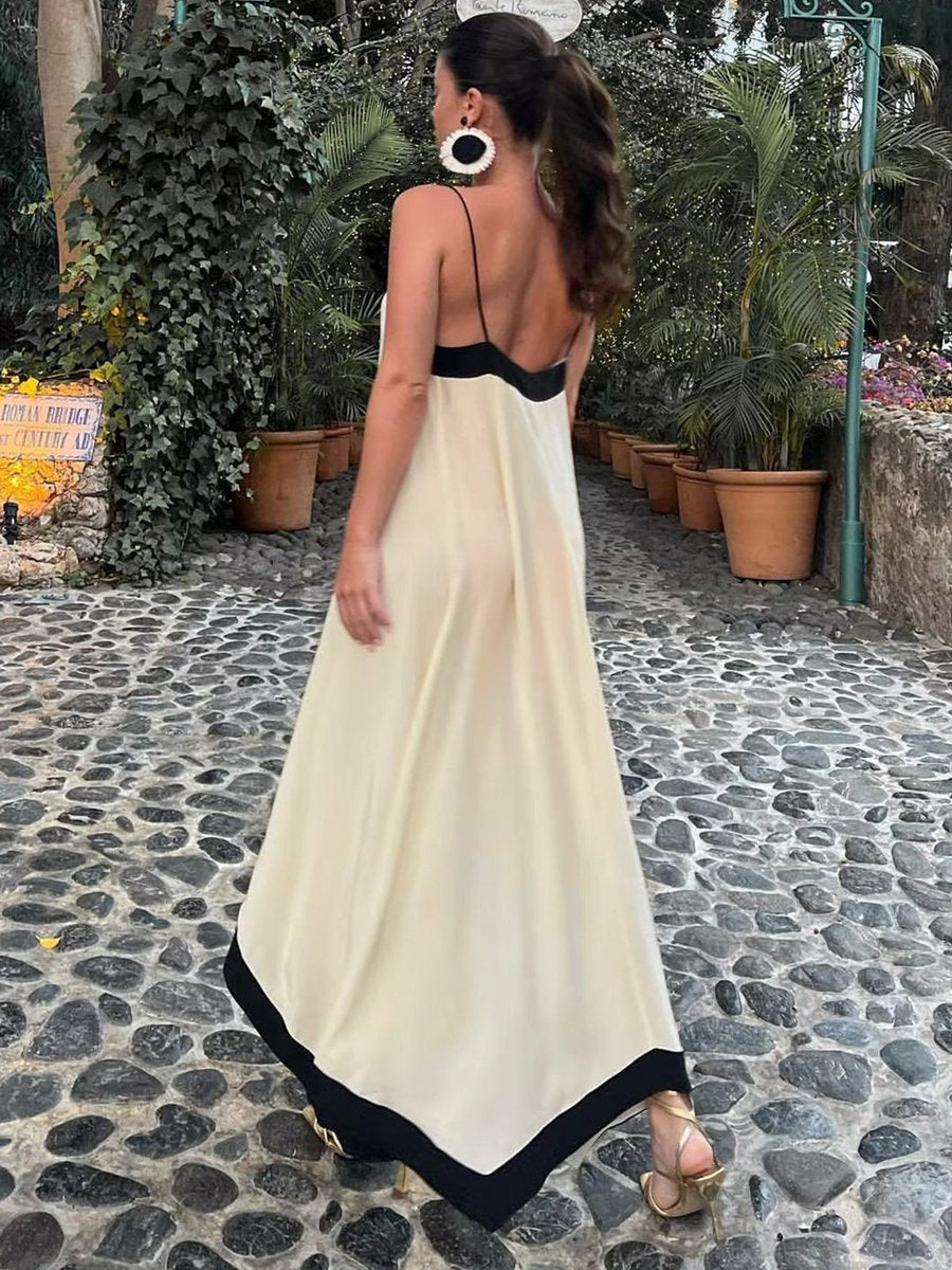 Women's Backless A-Line Satin Fall Midi Dress V-Neck
