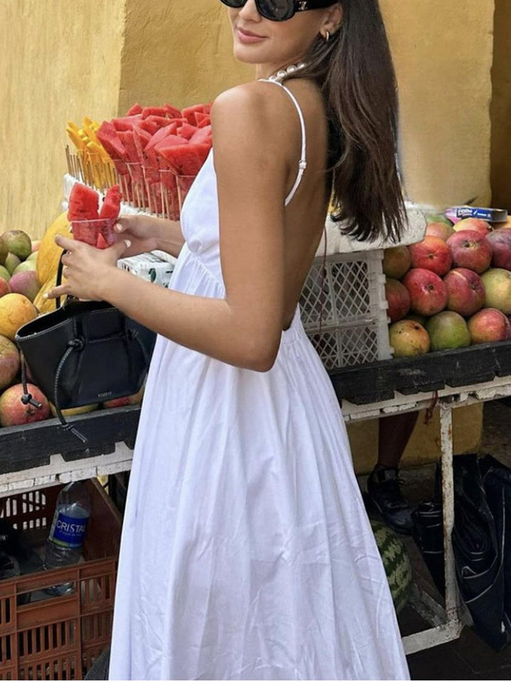 Women's Backless Linen Fall Midi Dress Flowy Sundress