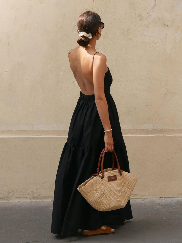 Women's Backless Maxi Fall Wedding Guest Dress Tiered Spaghetti Strap