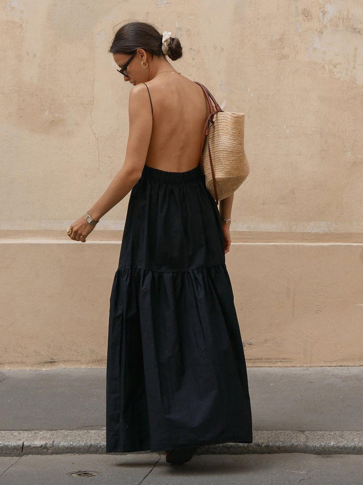 Women's Backless Maxi Fall Wedding Guest Dress Tiered Spaghetti Strap