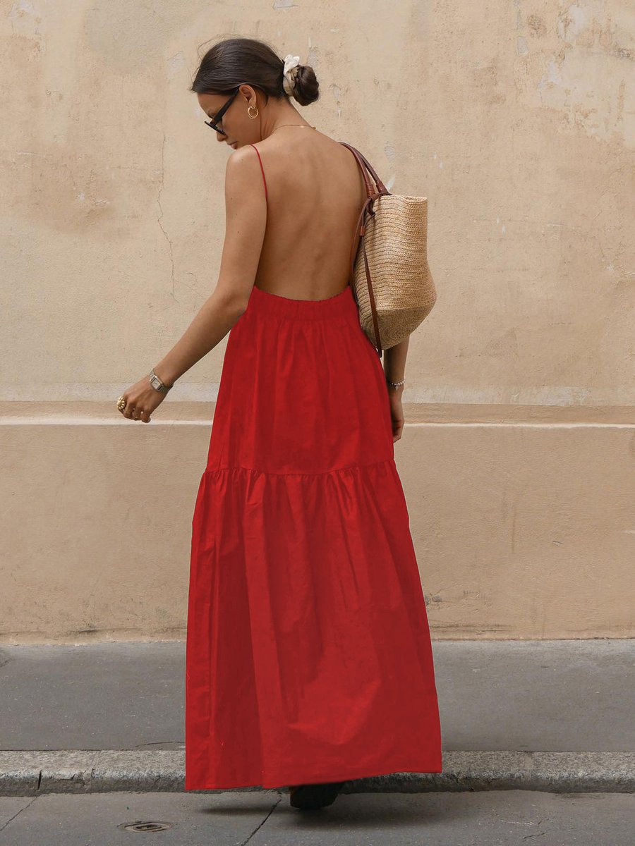 Women's Backless Maxi Fall Wedding Guest Dress Tiered Spaghetti Strap