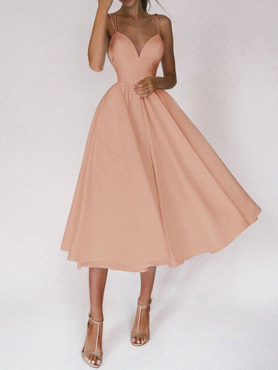 Women's Backless Spaghetti Strap Flared Fall Midi Dress