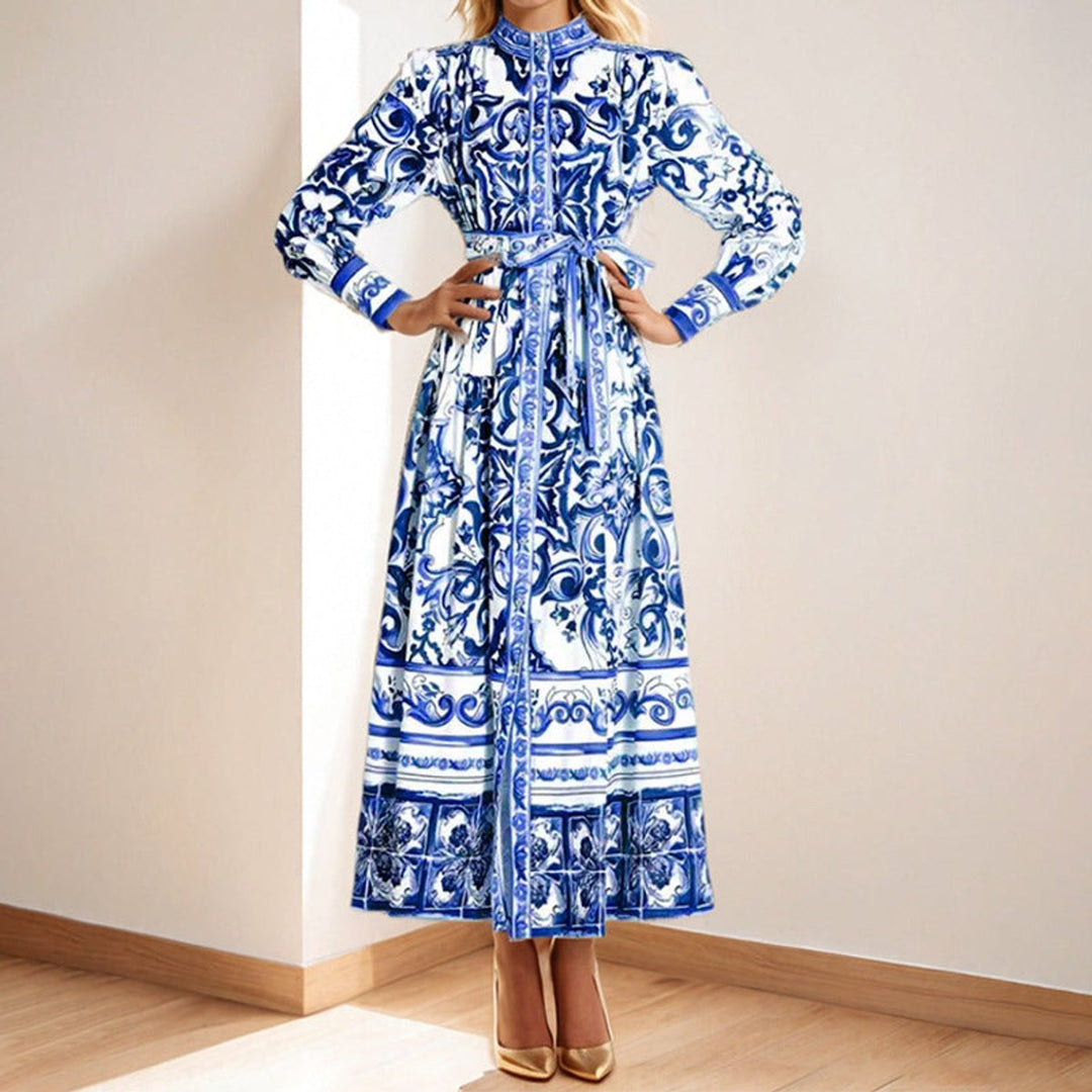 Women's Baroque Print Long Sleeve Belted Fall Midi Dress