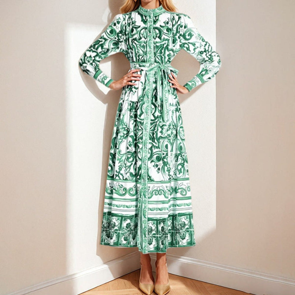 Women's Baroque Print Long Sleeve Belted Fall Midi Dress