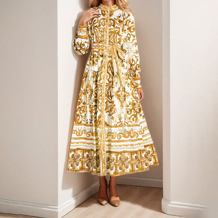Women's Baroque Print Long Sleeve Belted Fall Midi Dress
