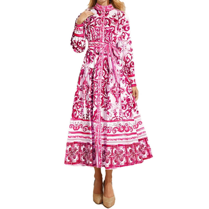 Women's Baroque Print Long Sleeve Belted Fall Midi Dress