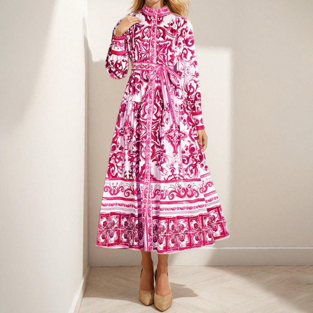 Women's Baroque Print Long Sleeve Belted Fall Midi Dress