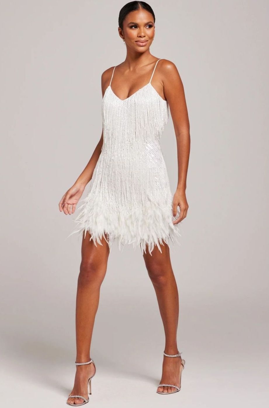 Women's Beaded Fringe Feather-Hem Mini Cocktail Dress