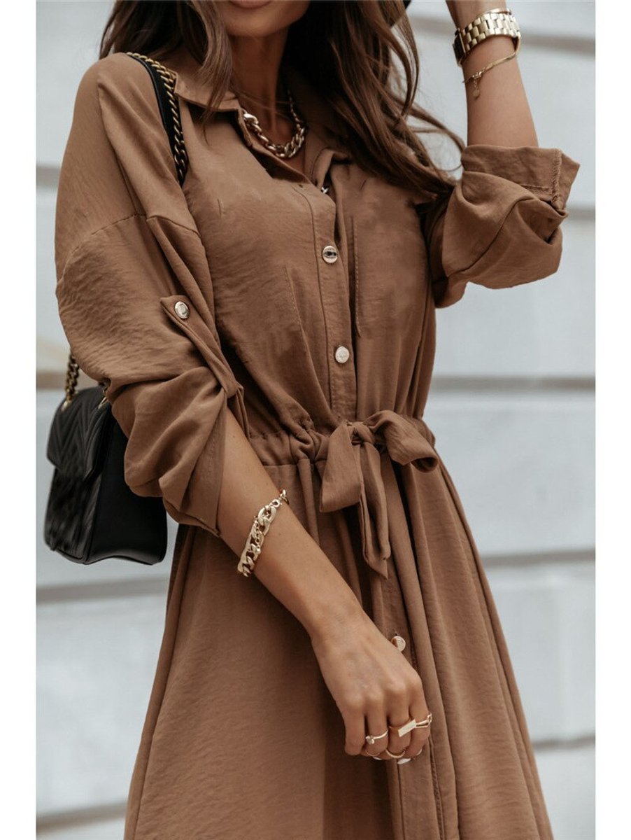 Women's Belted Button-Down Fall Midi Dress Long Sleeve
