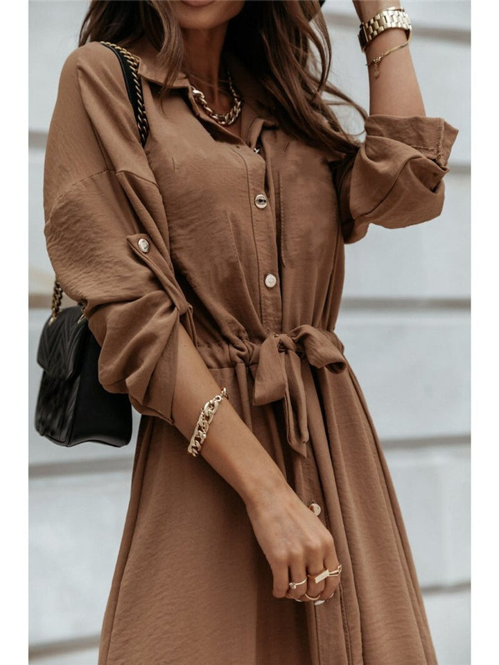 Women's Belted Button-Down Fall Midi Dress Long Sleeve