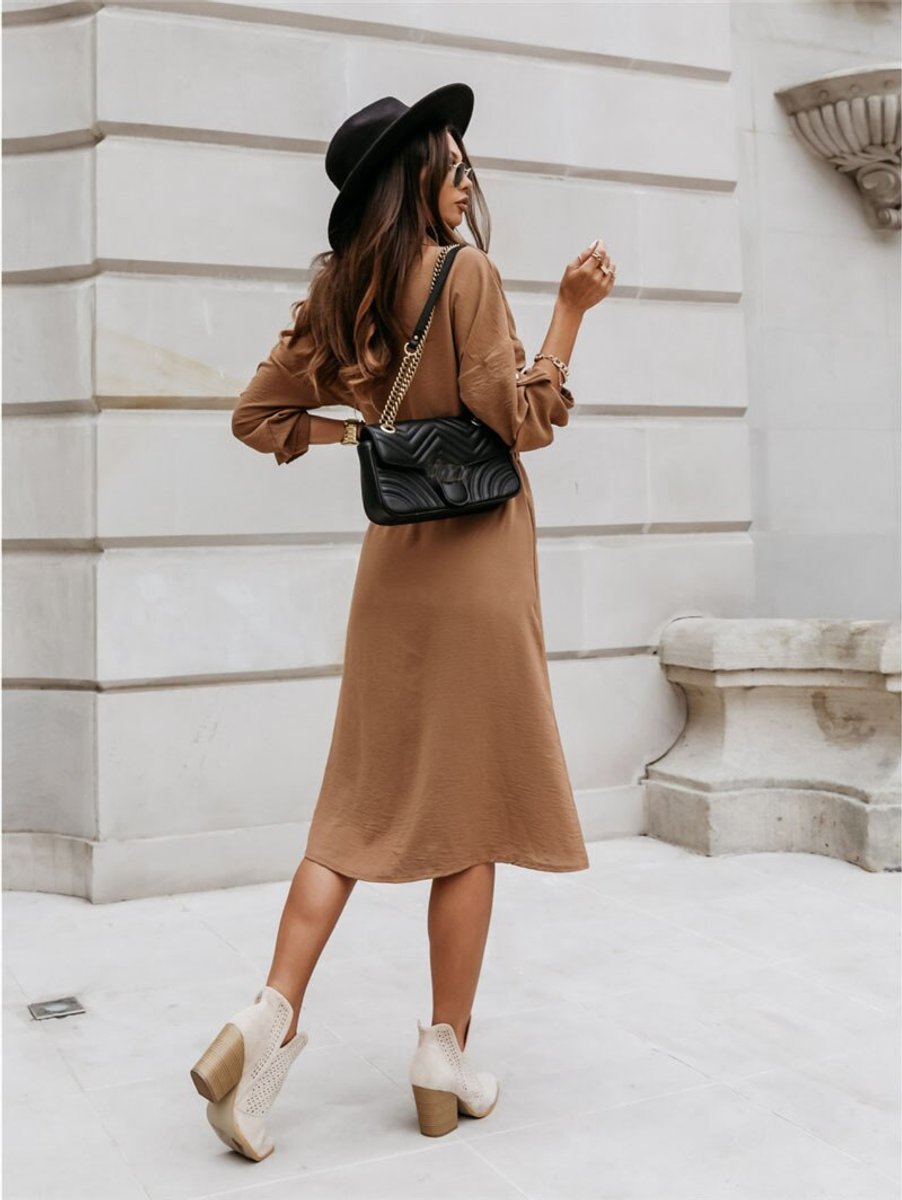Women's Belted Button-Down Fall Midi Dress Long Sleeve