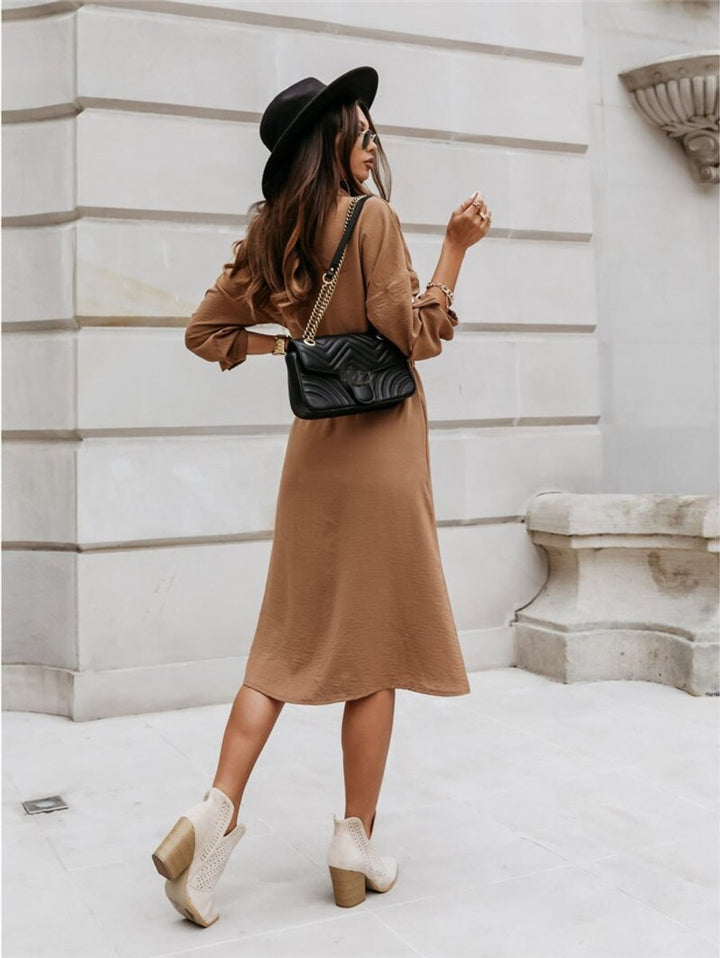 Women's Belted Button-Down Fall Midi Dress Long Sleeve