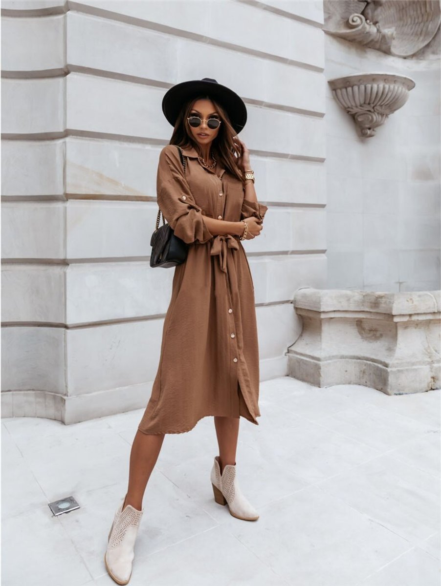 Women's Belted Button-Down Fall Midi Dress Long Sleeve