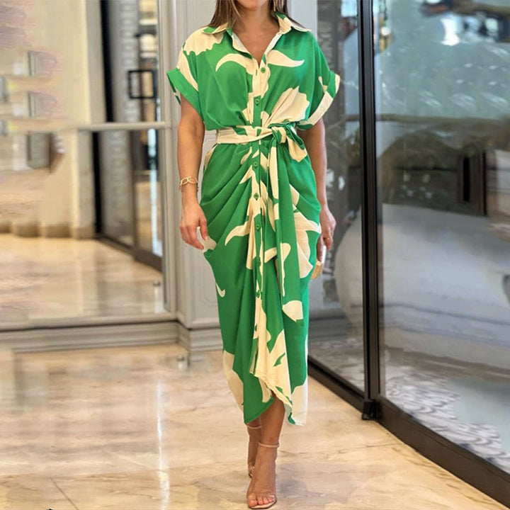 Women's Belted Button-Down Printed Fall Midi Dress