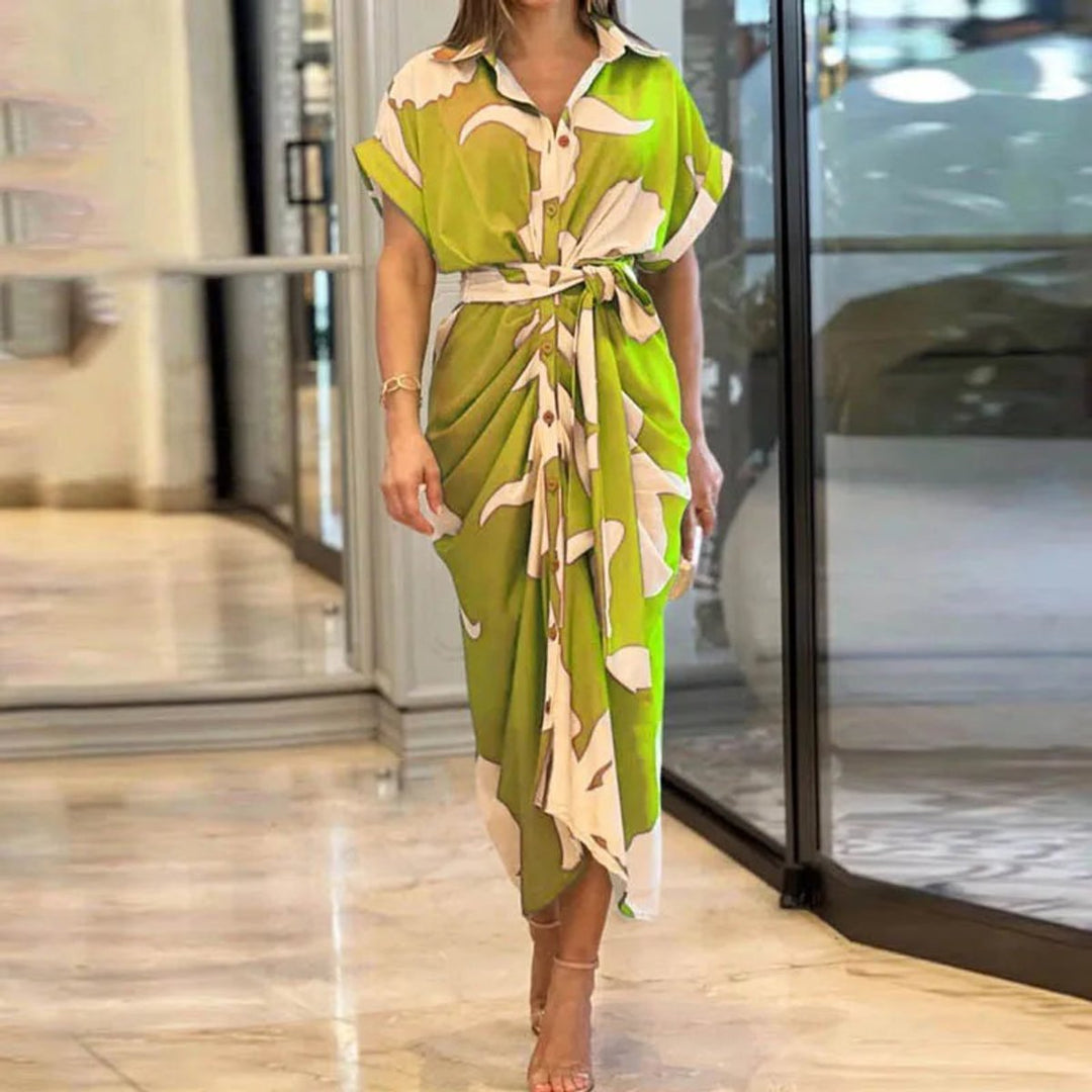 Women's Belted Button-Down Printed Fall Midi Dress