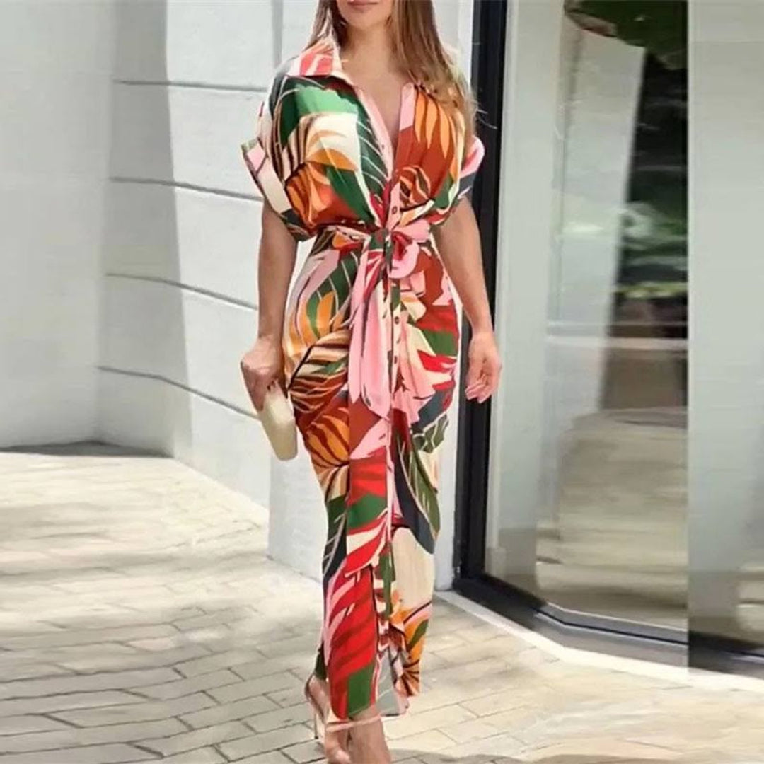 Women's Belted Button-Down Printed Fall Midi Dress