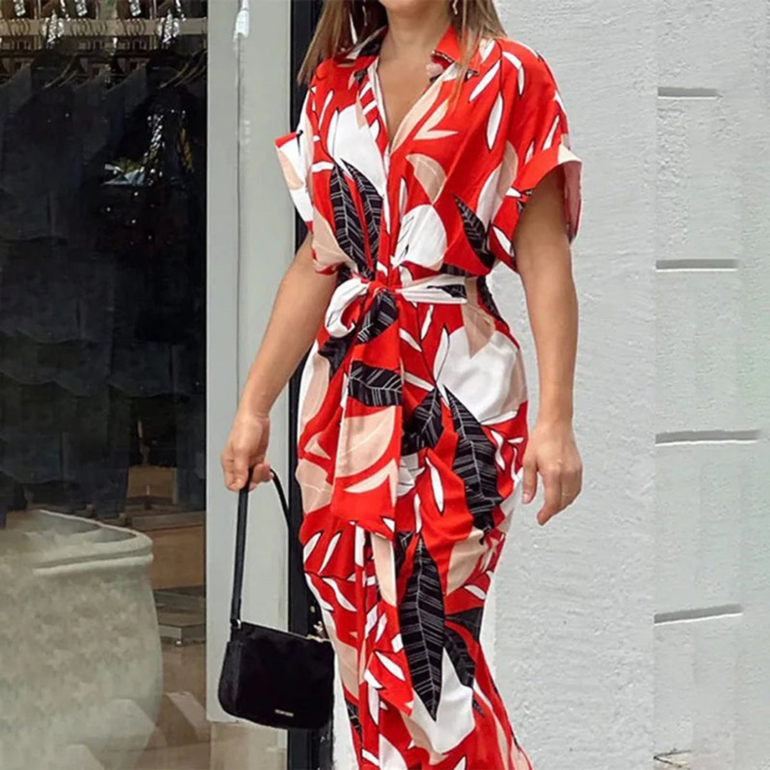 Women's Belted Button-Down Printed Fall Midi Dress