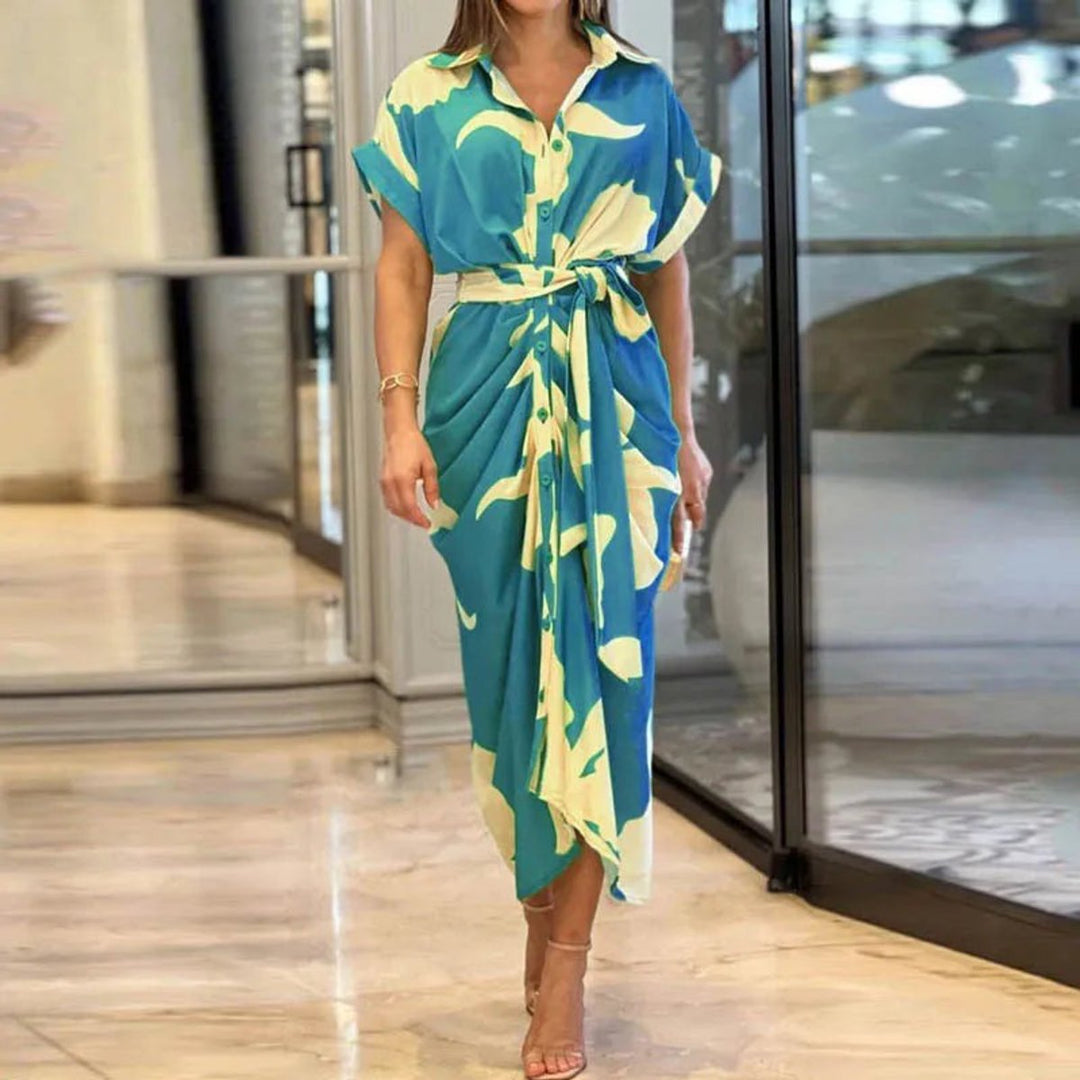 Women's Belted Button-Down Printed Fall Midi Dress