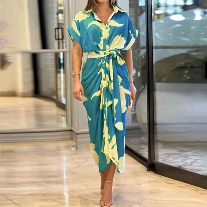 Women's Belted Button-Down Printed Fall Midi Dress